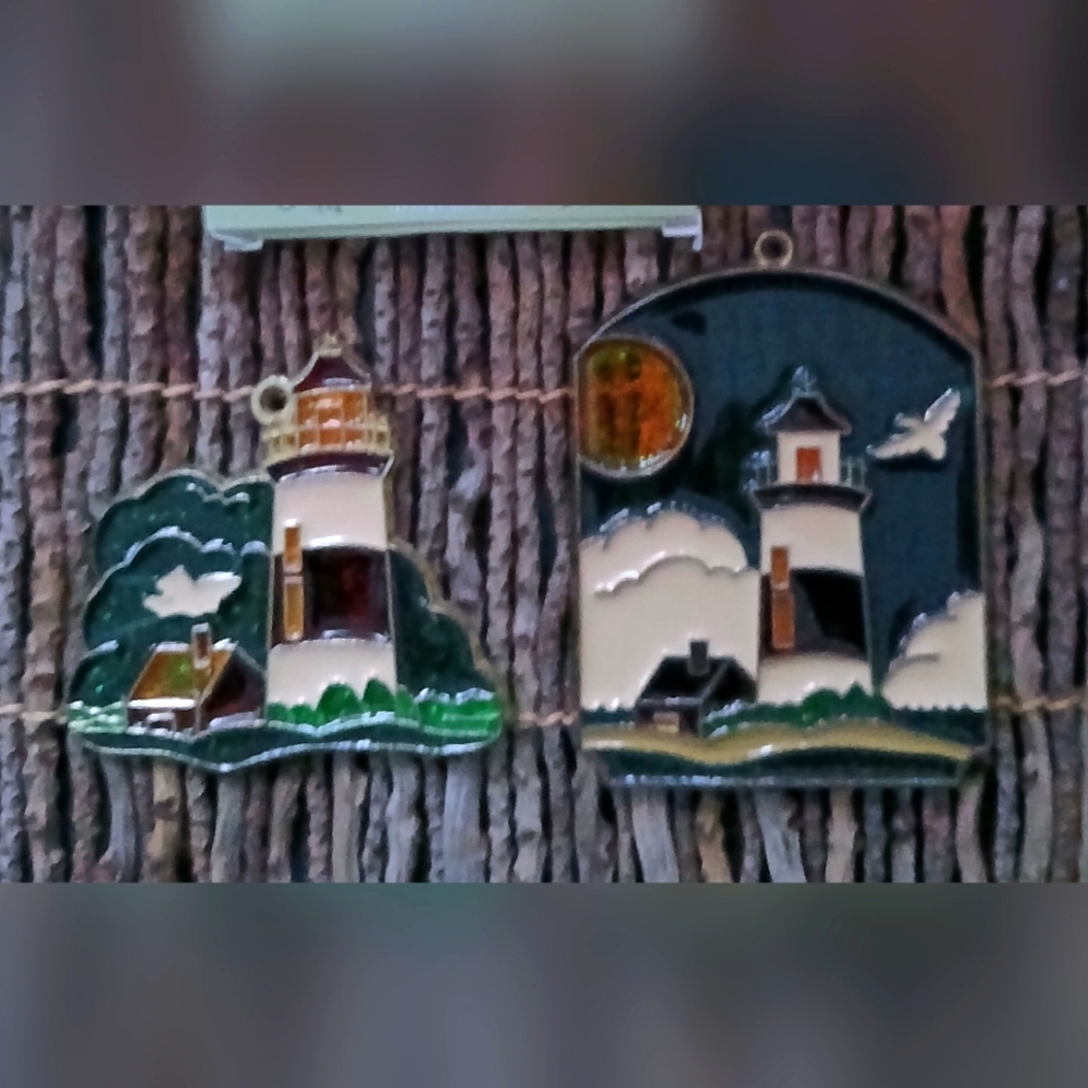 2 Vintage Amia Lighthouse Stained Glass Sun Catchers Wall Hangings Coastal Art